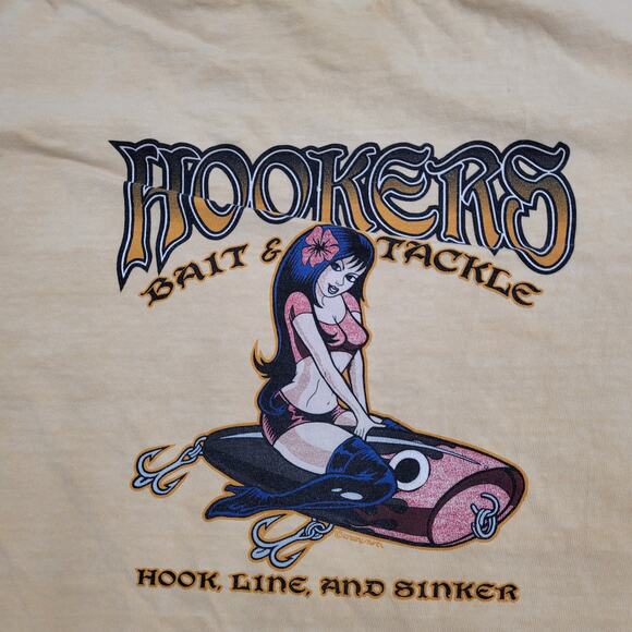 Vintage Fishing Shirt Womens Large 22x27 Yellow Hookers - Picture 3 of 16